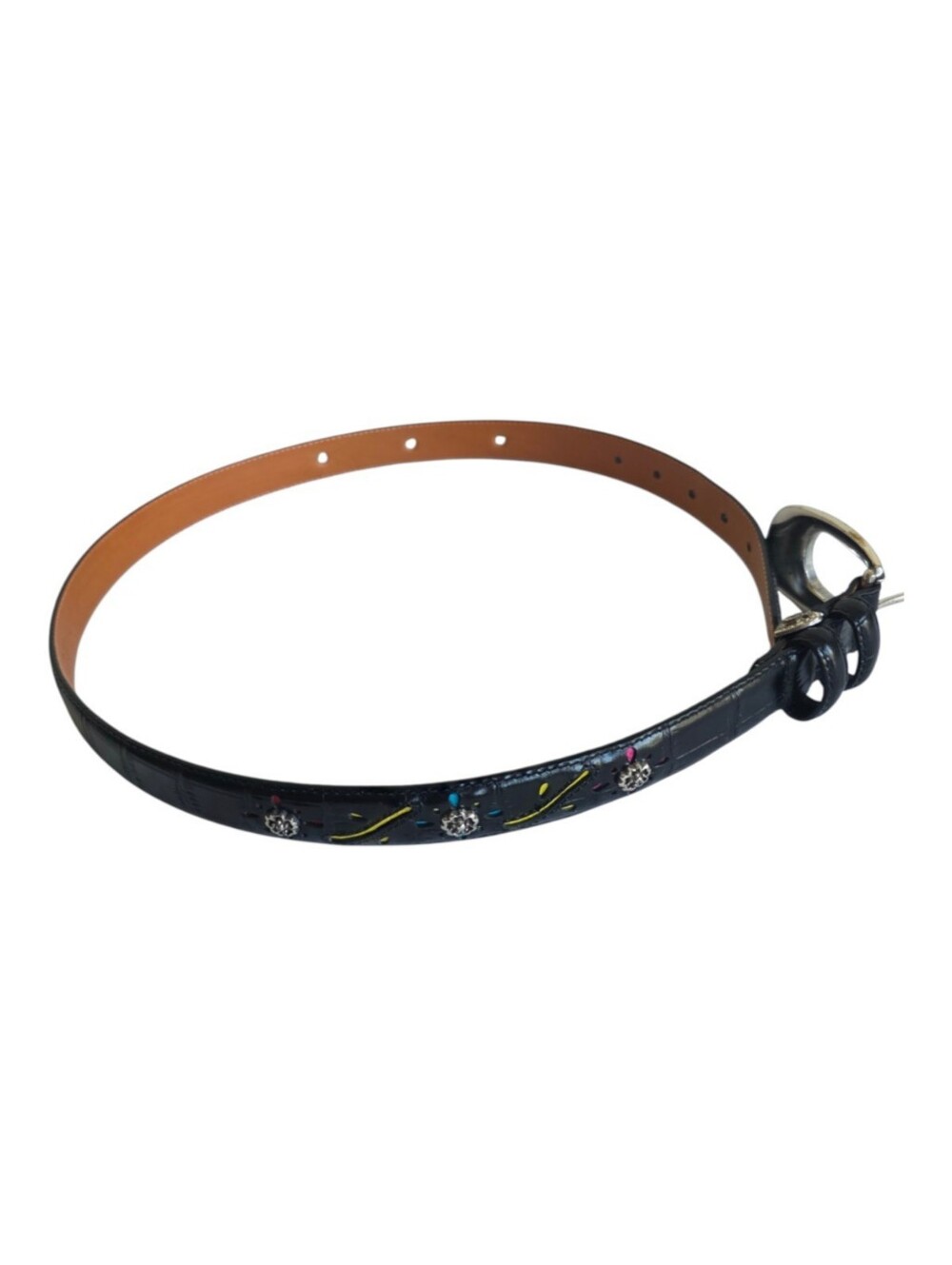 Vintage Brighton Black Croc Leather Belt Flower Concho 32 ML Q4203”.